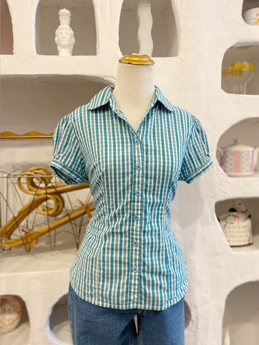 Y2K Vintage Teal White & Silver Plaid Button-Up Shirt with Short Puff Sleeves